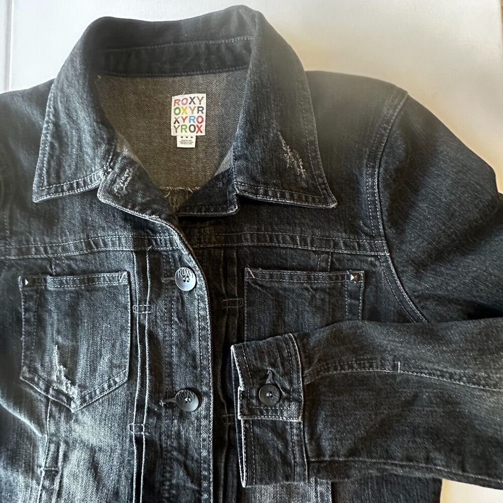 Roxy Women's‎ Jacket Denim M Distressed Black Jean Long Sleeve Grunge